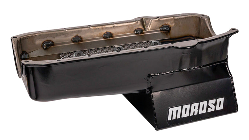 Load image into Gallery viewer, Moroso 80-85 Chevrolet SBC (w/Passenger Side Dipstick) Wet Sump 7qt 8.25in Steel Oil Pan - Black
