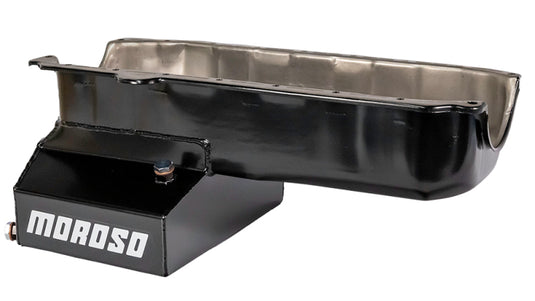 Moroso Pre-85 Chevrolet Small Block (w/Passenger Side Dipstick) Wet Sump 7qt 8in Steel Oil Pan - Blk