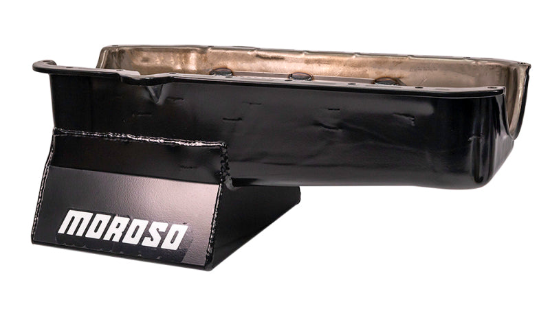 Load image into Gallery viewer, Moroso 80-85 Chevrolet SBC (w/Passenger Side Dipstick) Wet Sump 7qt 8.25in Steel Oil Pan - Black
