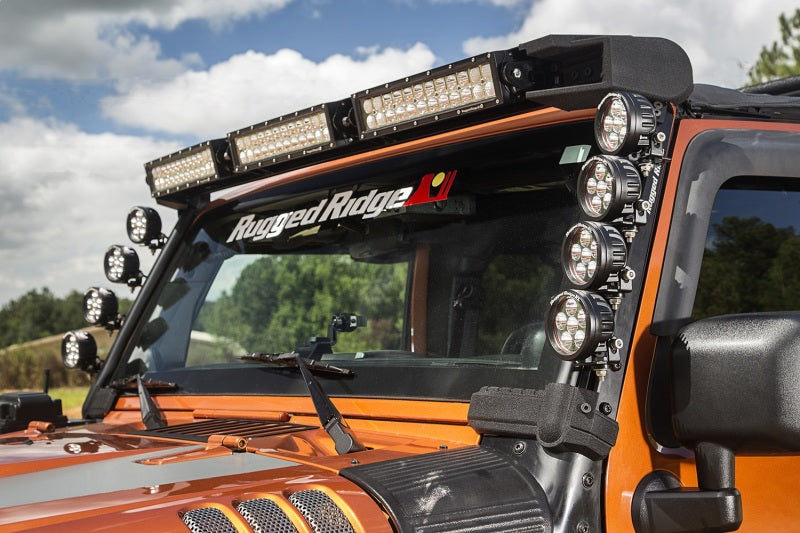 Load image into Gallery viewer, Rugged Ridge 07-18 Jeep Wrangler JK Elite Fast Track Windshield Light Bar Mount w/ Crossbar
