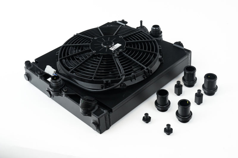 Load image into Gallery viewer, CSF Universal Half Radiator w/-16AN &amp; Slip-On Fittings/12in SPAL Fan &amp; Shroud - Black Finish
