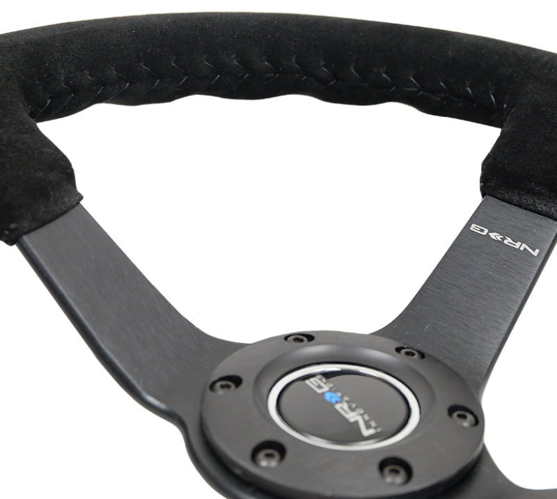 Load image into Gallery viewer, NRG Reinforced Steering Wheel (350mm / 3in. Deep) Blk Suede/Blk Bball Stitch w/5mm Matte Black Spoke
