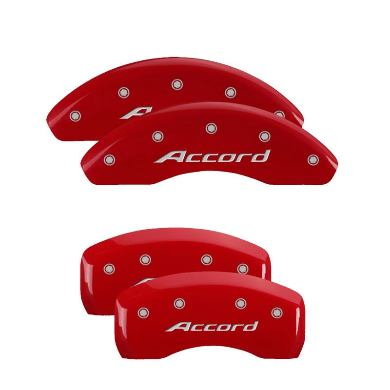 Load image into Gallery viewer, MGP 4 Caliper Covers Engraved Front &amp; Rear MGP Red Power Coat Finish Silver Characters-Honda Accord
