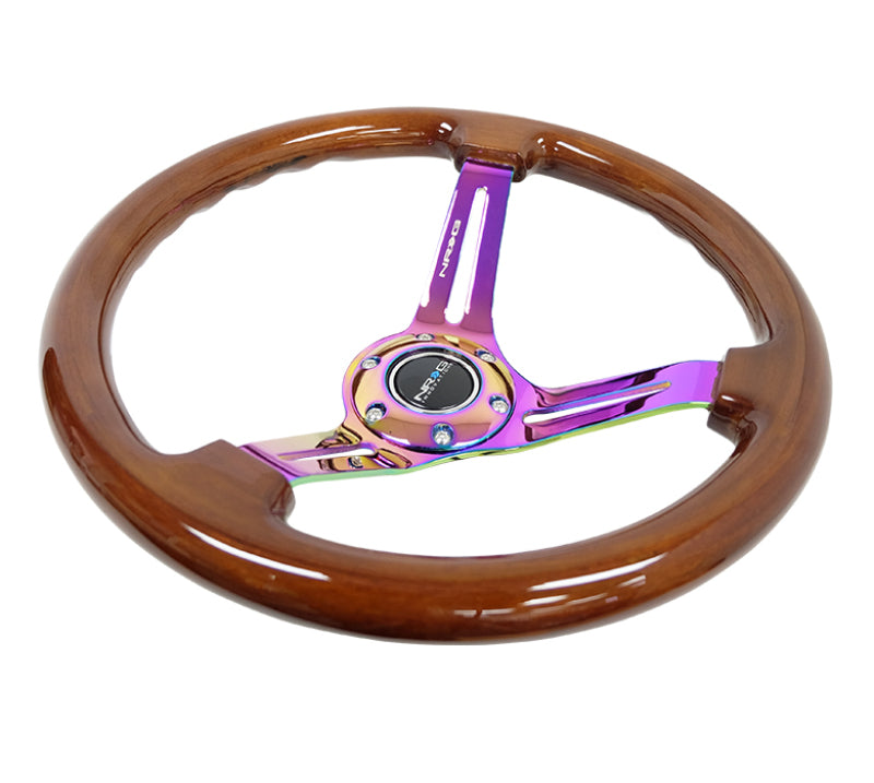 Load image into Gallery viewer, NRG Reinforced Steering Wheel (350mm / 3in. Deep) Brown Wood w/Blk Matte Spoke/Neochrome Center Mark
