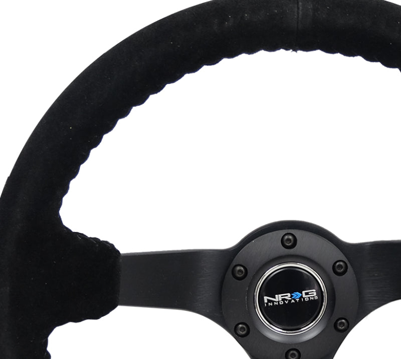 Load image into Gallery viewer, NRG Reinforced Steering Wheel (350mm / 3in. Deep) Blk Suede/Blk Bball Stitch w/5mm Matte Black Spoke
