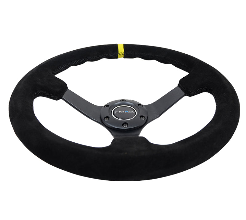 Load image into Gallery viewer, NRG Reinforced Steering Wheel (350mm / 3in. Deep) Blk Suede/X-Stitch w/5mm Blk Spoke &amp; Yellow CM
