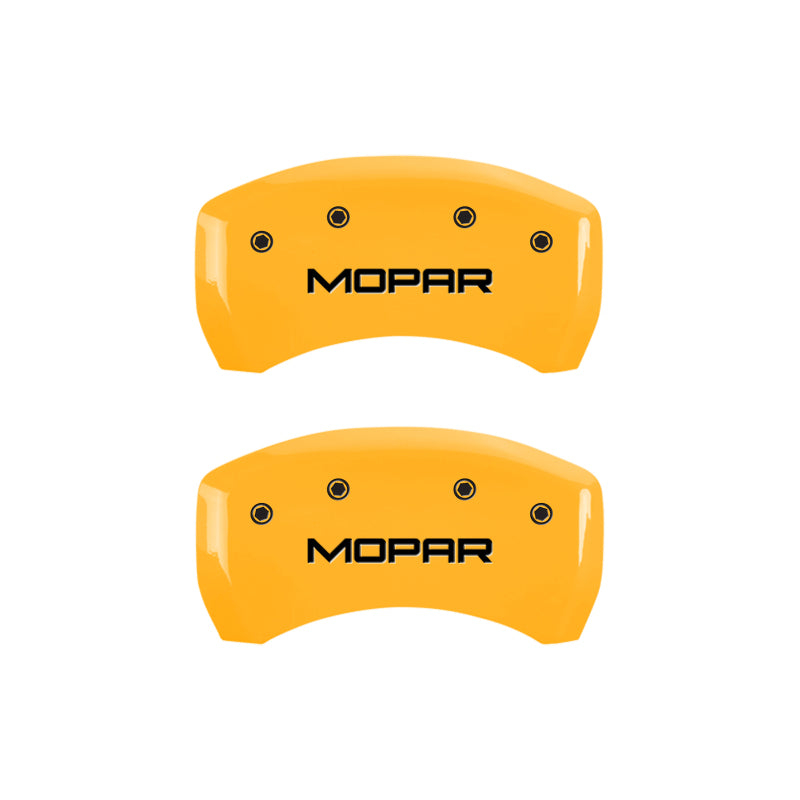 Load image into Gallery viewer, MGP 4 Caliper Covers Engraved Front &amp; Rear MOPAR Yellow finish black ch
