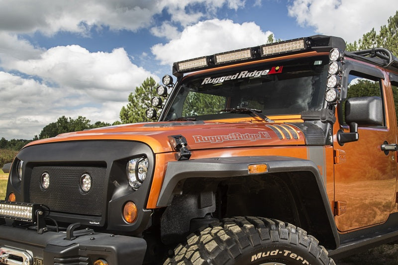 Load image into Gallery viewer, Rugged Ridge 07-18 Jeep Wrangler JK Elite Fast Track Windshield Light Bar Mount w/ Crossbar
