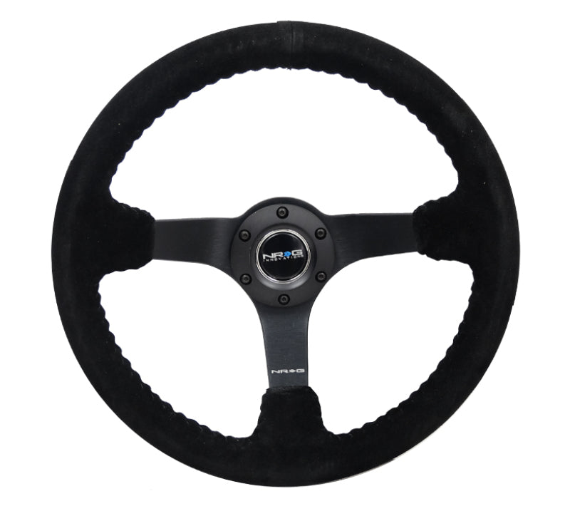 Load image into Gallery viewer, NRG Reinforced Steering Wheel (350mm / 3in. Deep) Blk Suede/Blk Bball Stitch w/5mm Matte Black Spoke
