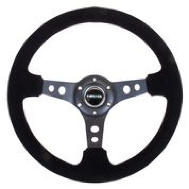 Load image into Gallery viewer, NRG Reinforced Steering Wheel (350mm / 3in. Deep) Blk Suede/Blk Stitch w/Black Circle Cutout Spokes

