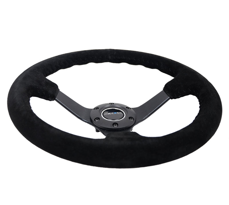 Load image into Gallery viewer, NRG Reinforced Steering Wheel (350mm / 3in. Deep) Blk Suede/Blk Bball Stitch w/5mm Matte Black Spoke
