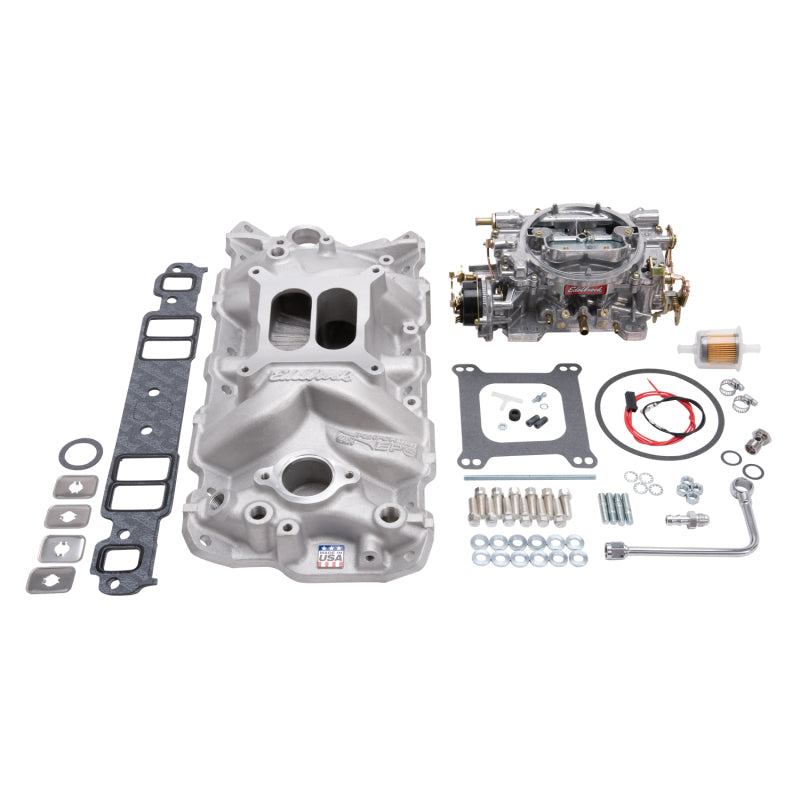 Load image into Gallery viewer, Edelbrock Manifold And Carb Kit Performer Eps Small Block Chevrolet 1957-1986 Natural Finish
