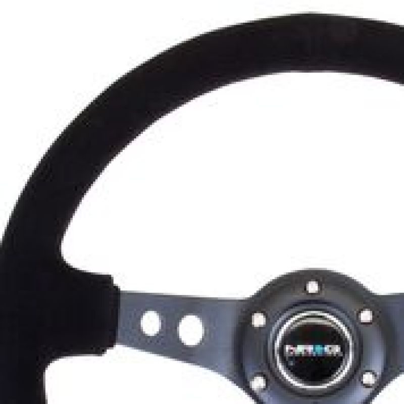 Load image into Gallery viewer, NRG Reinforced Steering Wheel (350mm / 3in. Deep) Blk Suede/Blk Stitch w/Black Circle Cutout Spokes
