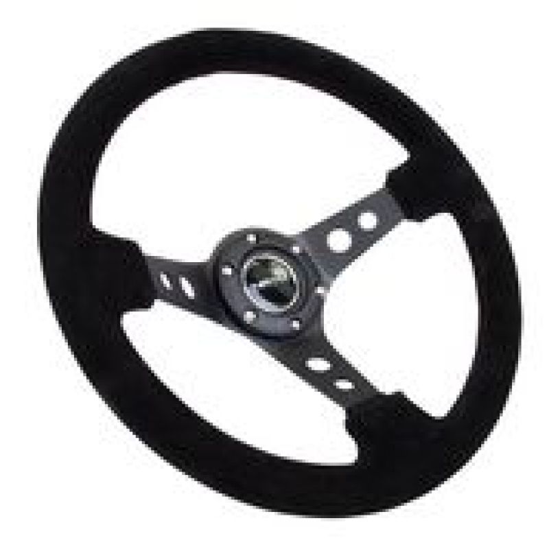 Load image into Gallery viewer, NRG Reinforced Steering Wheel (350mm / 3in. Deep) Blk Suede/Blk Stitch w/Black Circle Cutout Spokes
