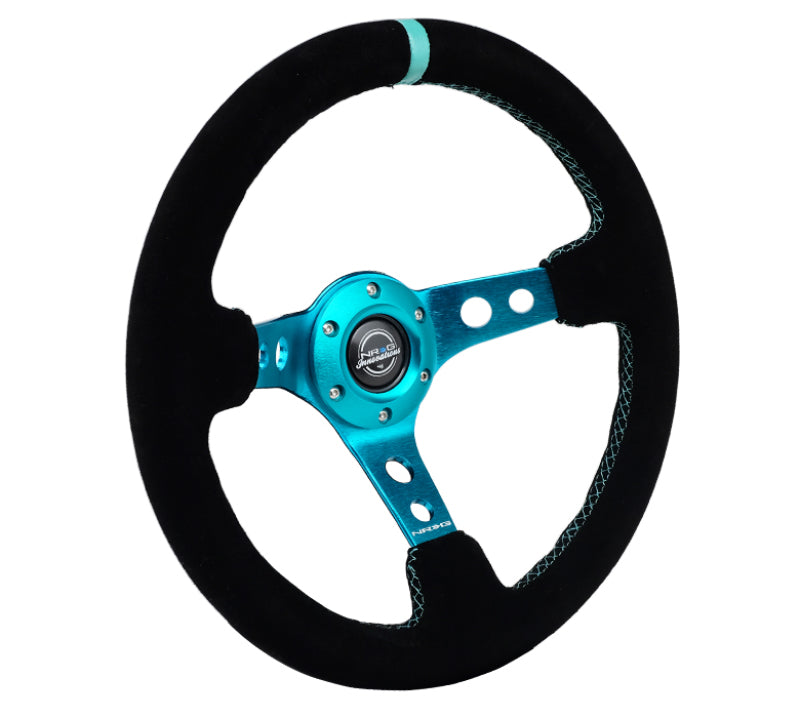 Load image into Gallery viewer, NRG Reinforced Steering Wheel (350mm/ 3in. Deep) Black Suede/ Teal Center Mark/ Teal Stitching
