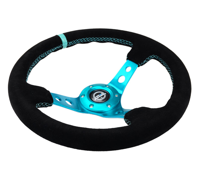 Load image into Gallery viewer, NRG Reinforced Steering Wheel (350mm/ 3in. Deep) Black Suede/ Teal Center Mark/ Teal Stitching
