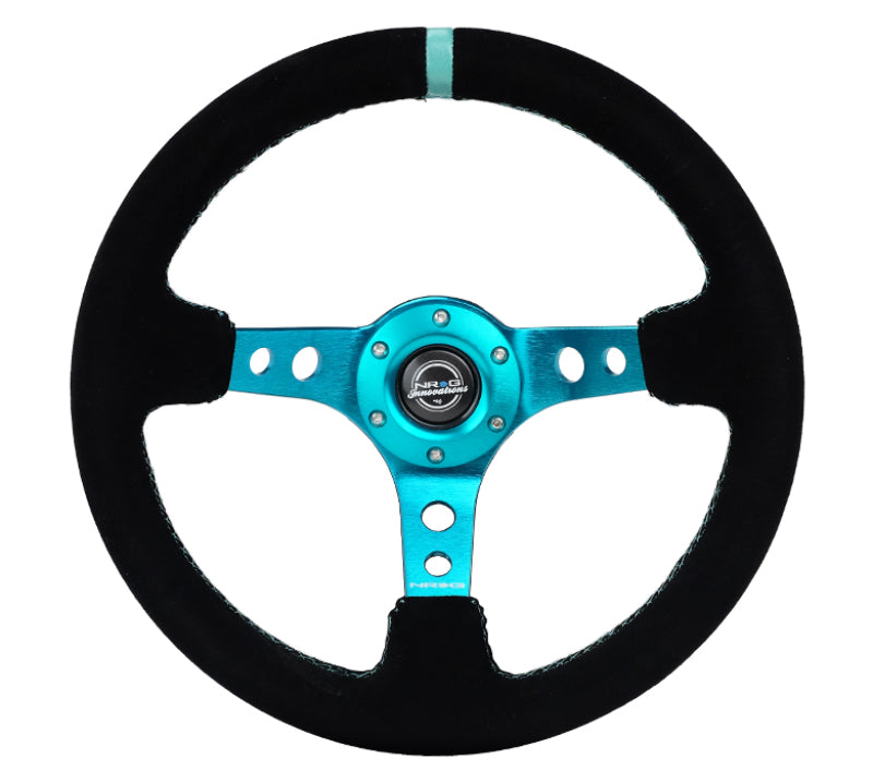 Load image into Gallery viewer, NRG Reinforced Steering Wheel (350mm/ 3in. Deep) Black Suede/ Teal Center Mark/ Teal Stitching
