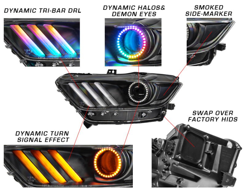 Load image into Gallery viewer, Oracle 15-17 Ford Mustang Dynamic RGB+A Pre-Assembled Headlights - Black Edition - ColorSHIFT
