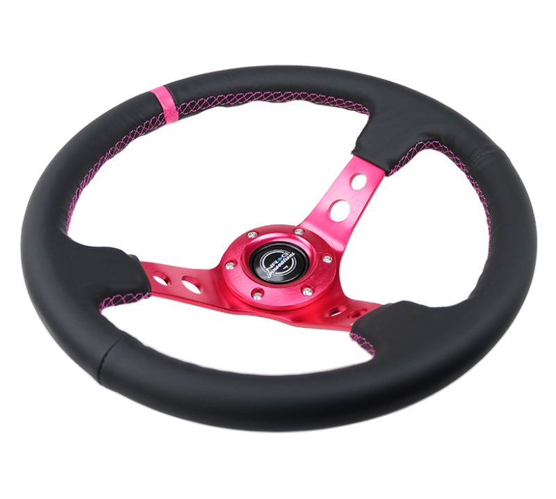 Load image into Gallery viewer, NRG Reinforced Steering Wheel (350mm/3in. Deep) Black Leather/ Fushia Center Mark/ Fushia Stitching

